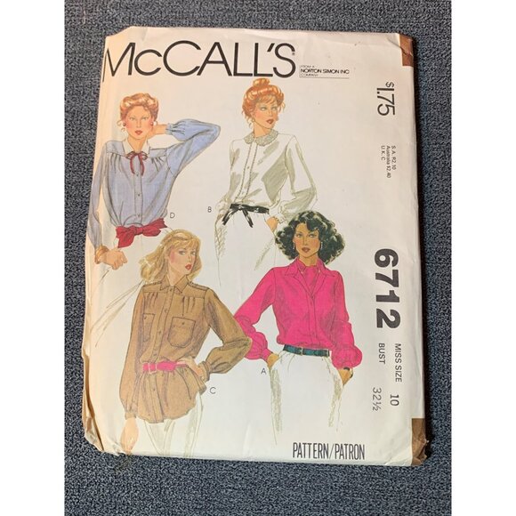 Vintage McCalls 6712 Misses Blouse Sewing Pattern Size 10 Uncut 1979 - Picture 1 of 2